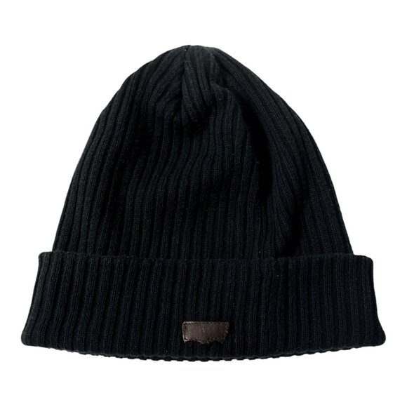 Levi’s Black Ribbed Knit Beanie Hat with Brown Faux Leather Patch – One Size - Picture 1 of 6